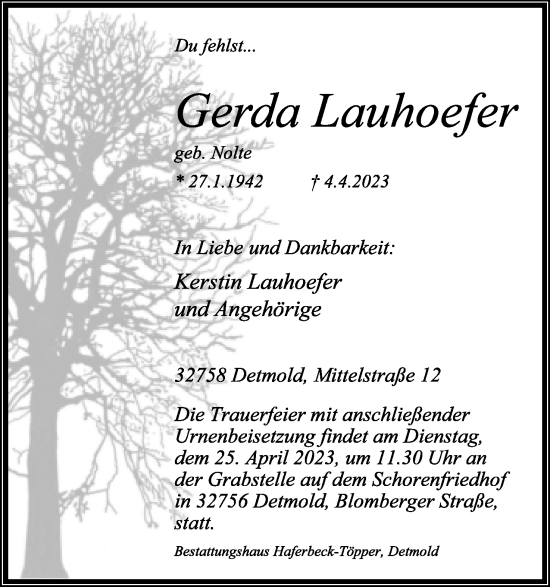 Anzeige  Gerda Lauhoefer  Lippische Landes-Zeitung
