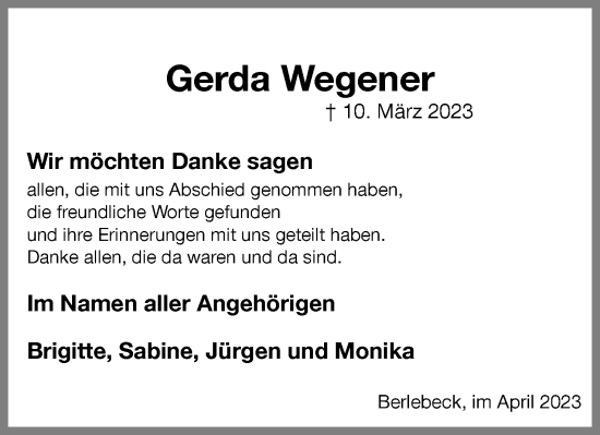 Anzeige  Gerda Wegener  Lippische Landes-Zeitung