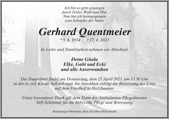 Anzeige  Gerhard Quentmeier  Lippische Landes-Zeitung