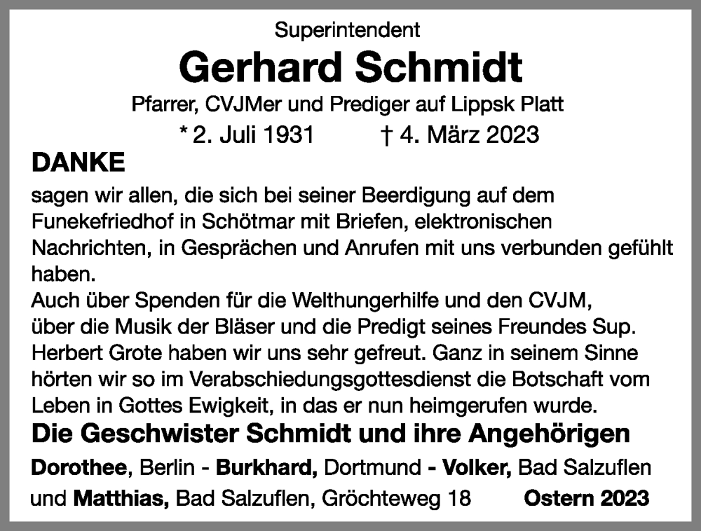  Traueranzeige für Gerhard Schmidt vom 07.04.2023 aus Lippische Landes-Zeitung