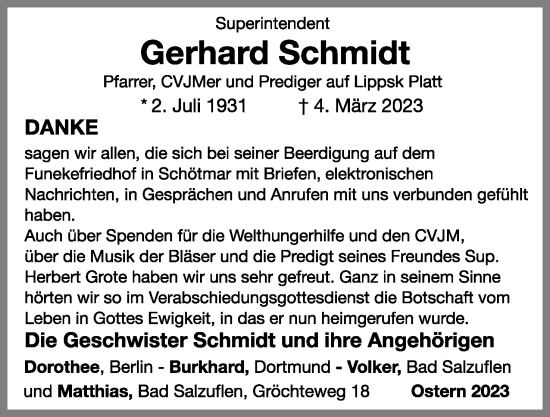 Anzeige  Gerhard Schmidt  Lippische Landes-Zeitung