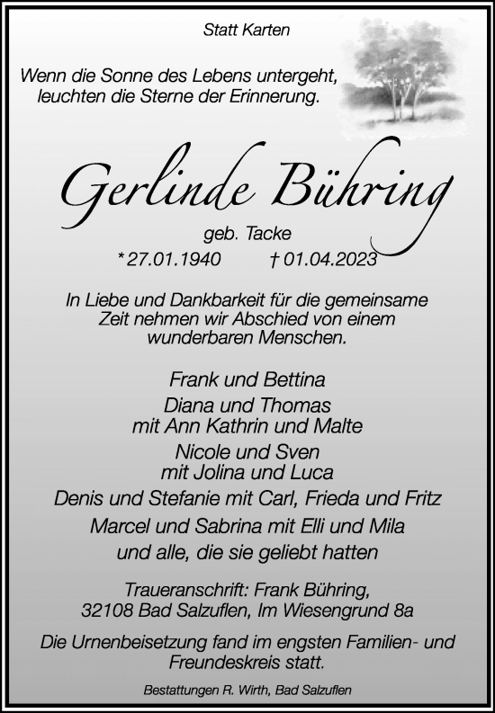 Anzeige  Gerlinde Bühring  Lippische Landes-Zeitung