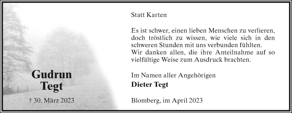  Traueranzeige für Gudrun Tegt vom 29.04.2023 aus Lippische Landes-Zeitung