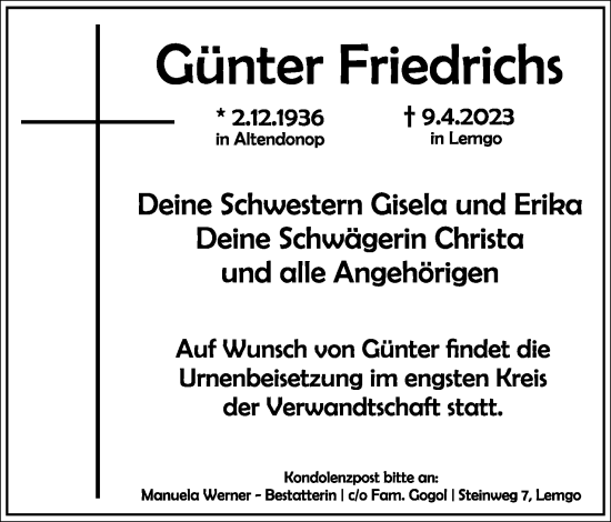 Anzeige  Günter Friedrichs  Lippische Landes-Zeitung