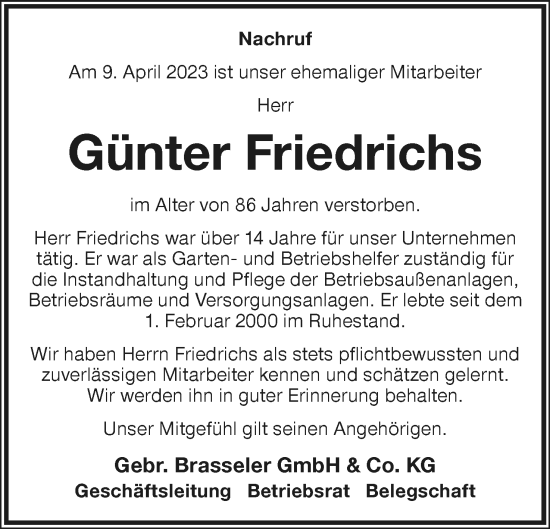 Anzeige  Günter Friedrichs  Lippische Landes-Zeitung