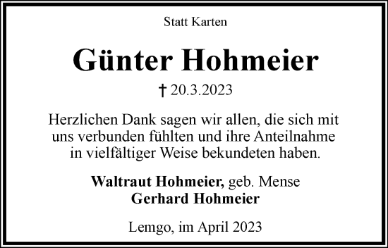 Anzeige  Günter Hohmeier  Lippische Landes-Zeitung
