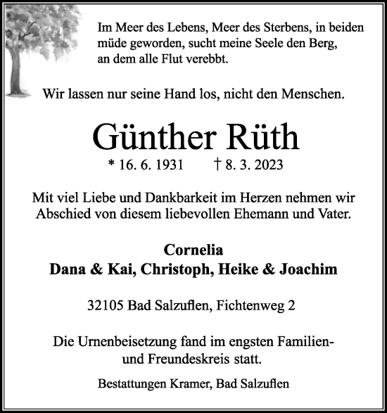 Anzeige  Günther Rüth  Lippische Landes-Zeitung