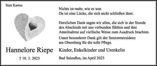 Anzeige  Hannelore Riepe  Lippische Landes-Zeitung