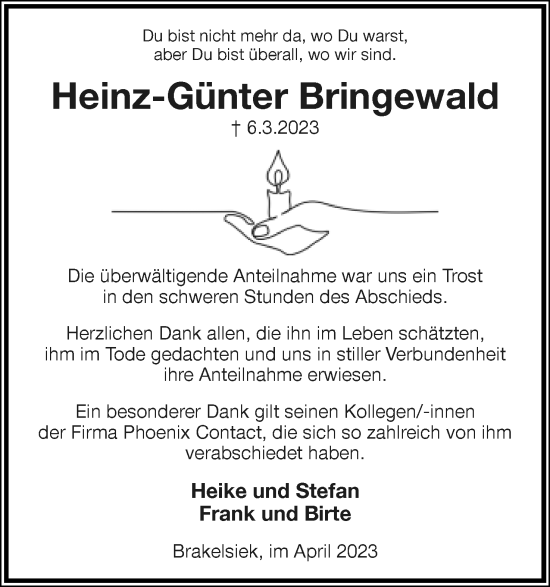 Anzeige  Heinz-Günter Bringewald  Lippische Landes-Zeitung