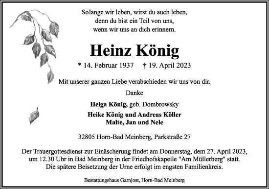 Anzeige  Heinz König  Lippische Landes-Zeitung