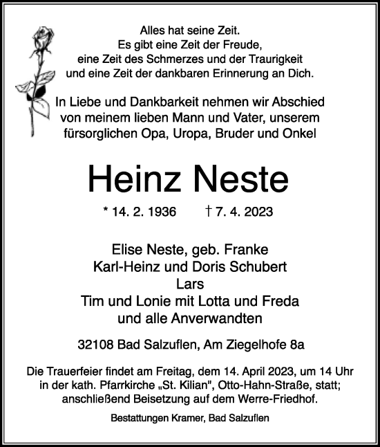 Anzeige  Heinz Neste  Lippische Landes-Zeitung