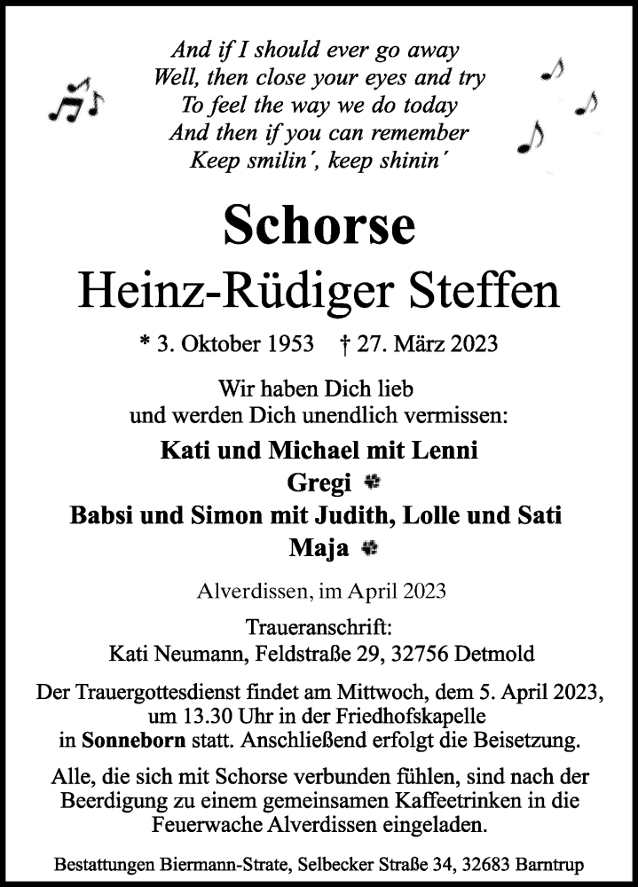  Traueranzeige für Heinz-Rüdiger Steffen vom 01.04.2023 aus Lippische Landes-Zeitung