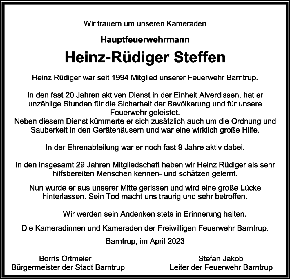  Traueranzeige für Heinz-Rüdiger Steffen vom 01.04.2023 aus Lippische Landes-Zeitung