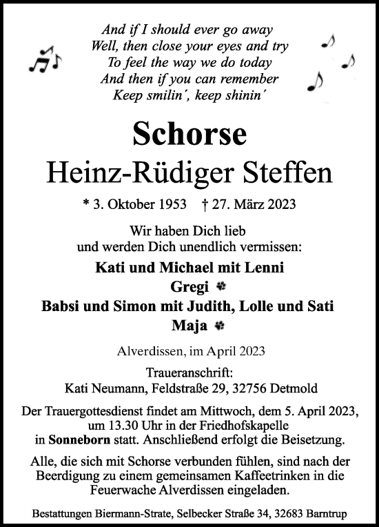 Anzeige  Heinz-Rüdiger Steffen  Lippische Landes-Zeitung