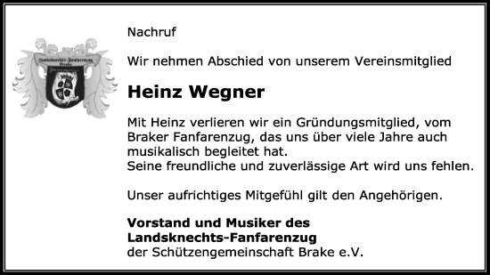 Anzeige  Heinz Wegner  Lippische Landes-Zeitung