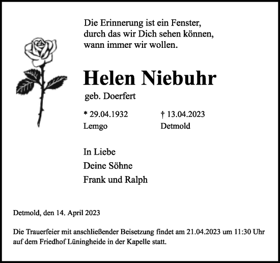 Anzeige  Helen Niebuhr  Lippische Landes-Zeitung