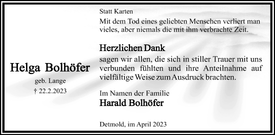 Anzeige  Helga Bolhöfer  Lippische Landes-Zeitung