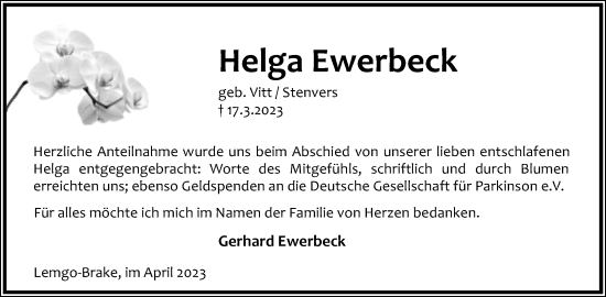 Anzeige  Helga Ewerbeck  Lippische Landes-Zeitung