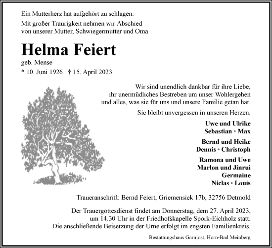 Anzeige  Helma Feiert  Lippische Landes-Zeitung