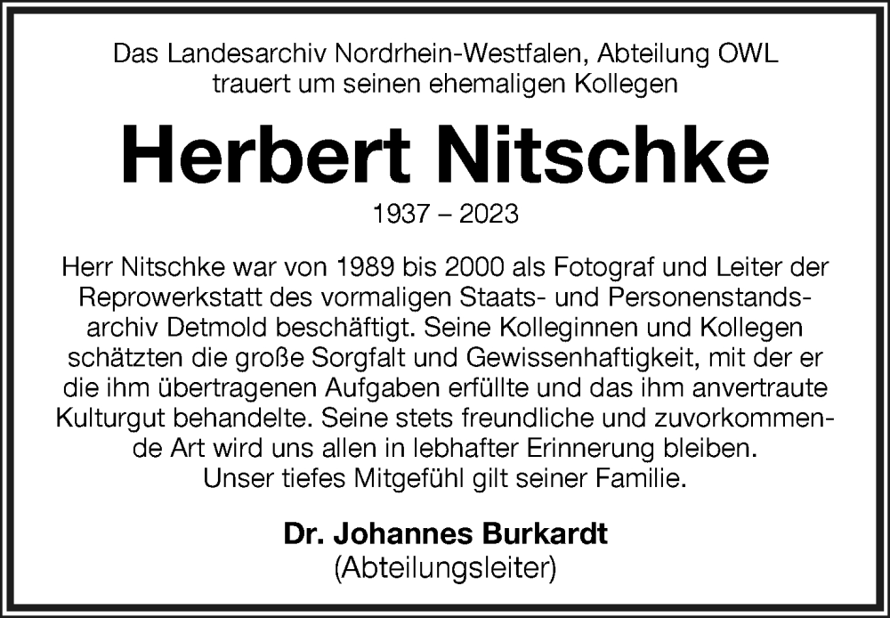  Traueranzeige für Herbert Nitschke vom 01.04.2023 aus Lippische Landes-Zeitung