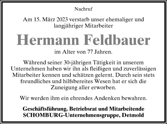 Anzeige  Hermann Feldbauer  Lippische Landes-Zeitung