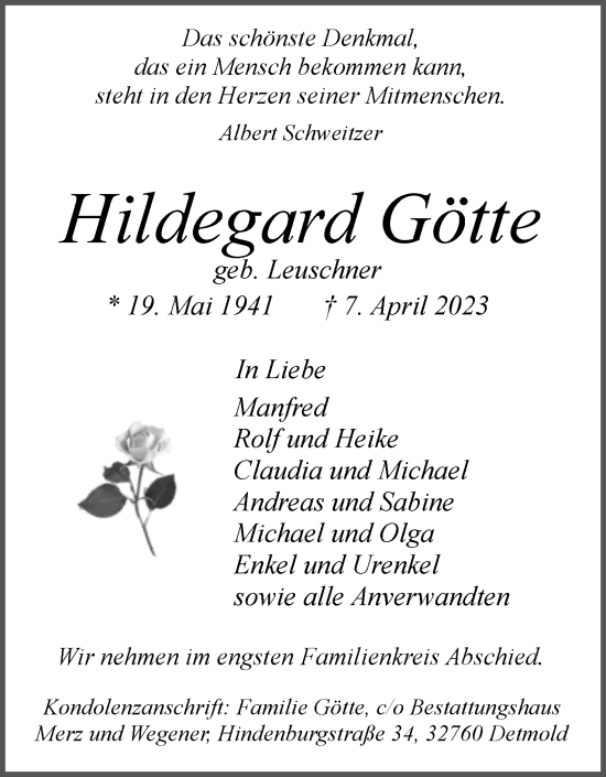 Anzeige  Hildegard Götte  Lippische Landes-Zeitung