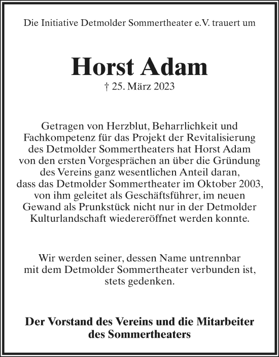 Anzeige  Horst Adam  Lippische Landes-Zeitung