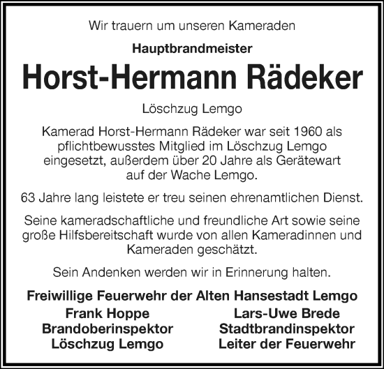 Anzeige  Horst-Hermann Rädeker  Lippische Landes-Zeitung