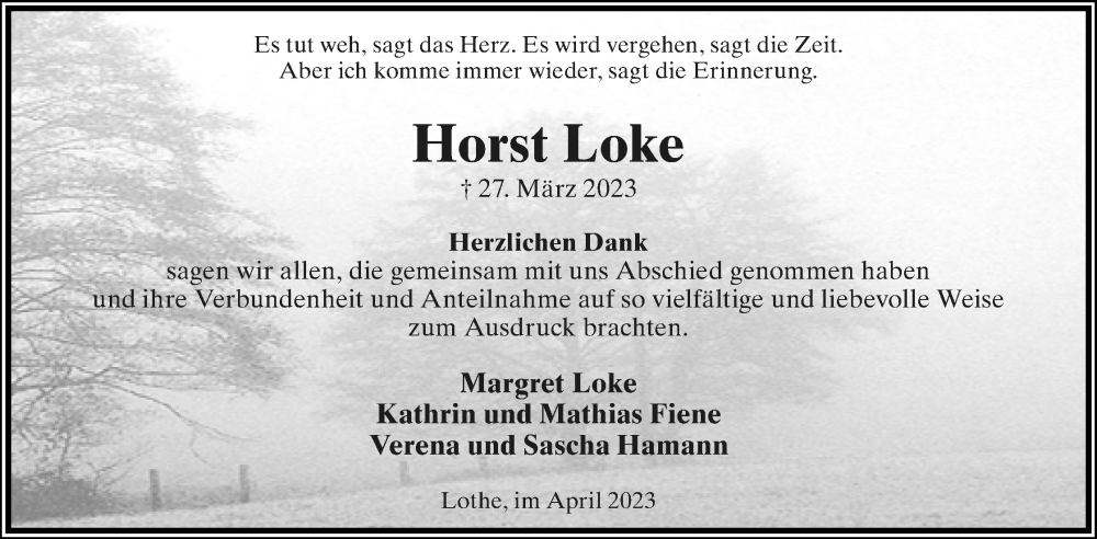  Traueranzeige für Horst Loke vom 29.04.2023 aus Lippische Landes-Zeitung