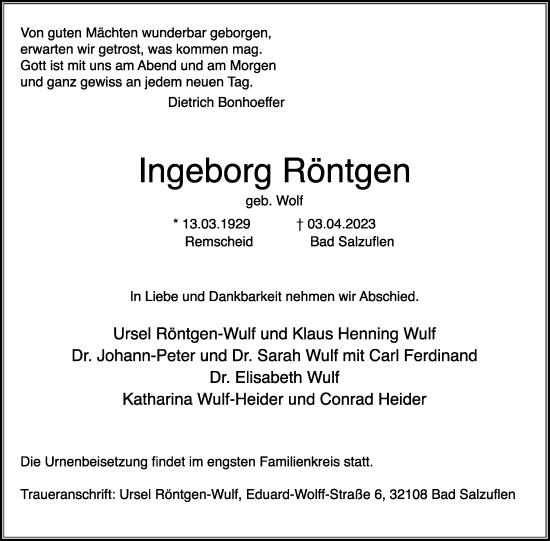 Anzeige  Ingeborg Röntgen  Lippische Landes-Zeitung