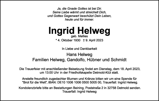 Anzeige  Ingrid Helweg  Lippische Landes-Zeitung