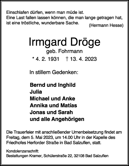 Anzeige  Irmgard Dröge  Lippische Landes-Zeitung