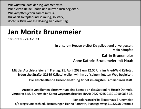 Anzeige  Jan Moritz Brunemeier  Lippische Landes-Zeitung