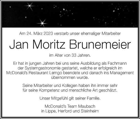Anzeige  Jan Moritz Brunemeier  Lippische Landes-Zeitung