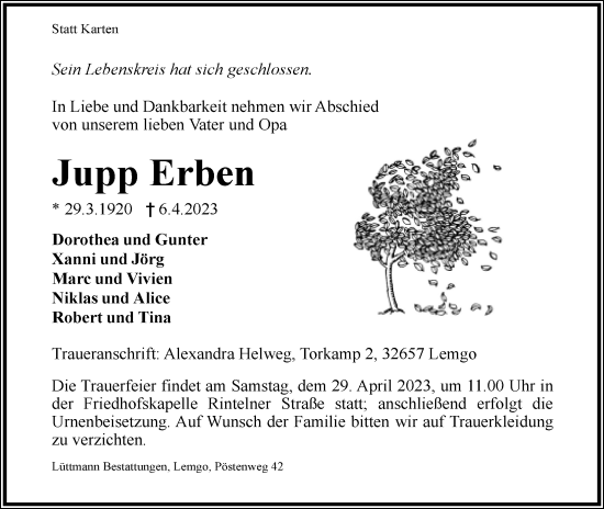 Anzeige  Jupp Erben  Lippische Landes-Zeitung