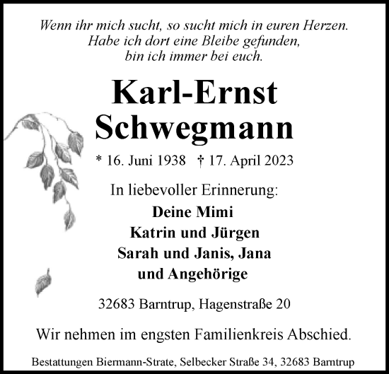 Anzeige  Karl-Ernst Schwegmann  Lippische Landes-Zeitung