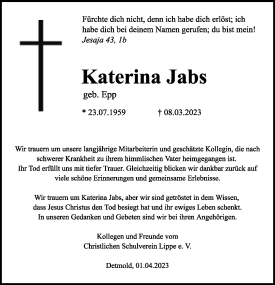 Anzeige  Katerina Jabs  Lippische Landes-Zeitung
