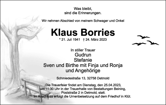 Anzeige  Klaus Borries  Lippische Landes-Zeitung