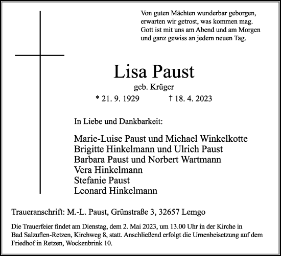 Anzeige  Lisa Paust  Lippische Landes-Zeitung