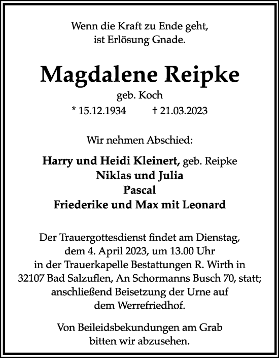 Anzeige  Magdalene Reipke  Lippische Landes-Zeitung