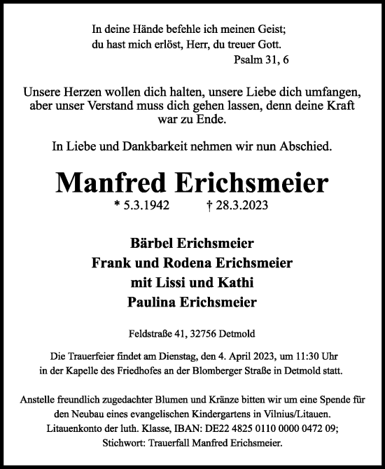 Anzeige  Manfred Erichsmeier  Lippische Landes-Zeitung