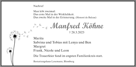 Anzeige  Manfred Köhne  Lippische Landes-Zeitung