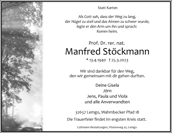 Anzeige  Manfred Stöckmann  Lippische Landes-Zeitung