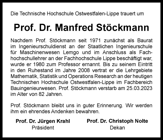 Anzeige  Manfred Stöckmann  Lippische Landes-Zeitung