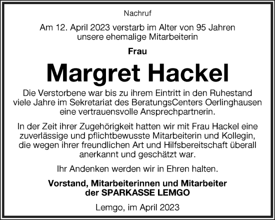 Anzeige  Margret Hackel  Lippische Landes-Zeitung