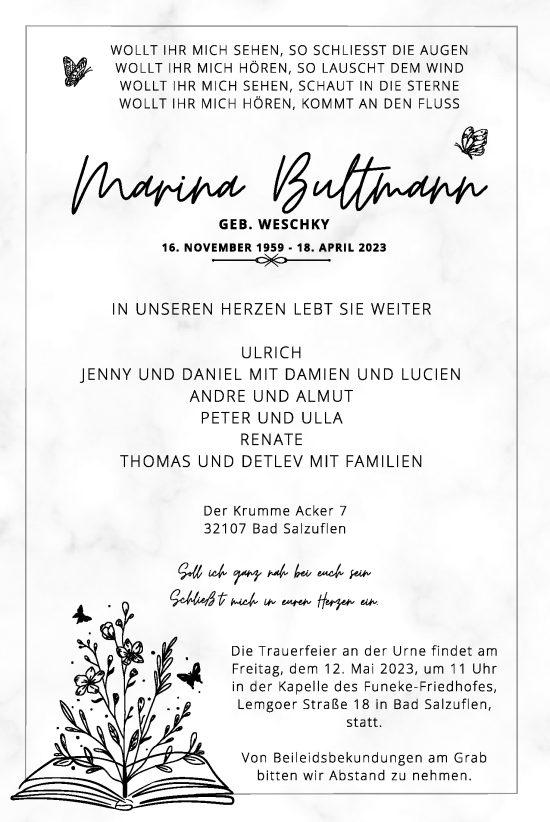 Anzeige  Marina Bultmann  Lippische Landes-Zeitung