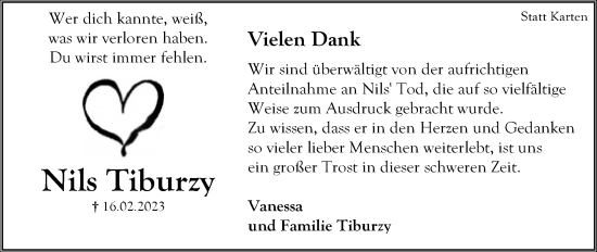Anzeige  Nils Tiburzy  Lippische Landes-Zeitung