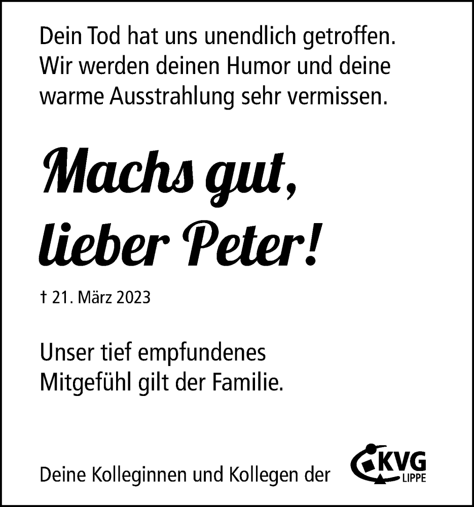  Traueranzeige für Peter Drees vom 01.04.2023 aus Lippische Landes-Zeitung