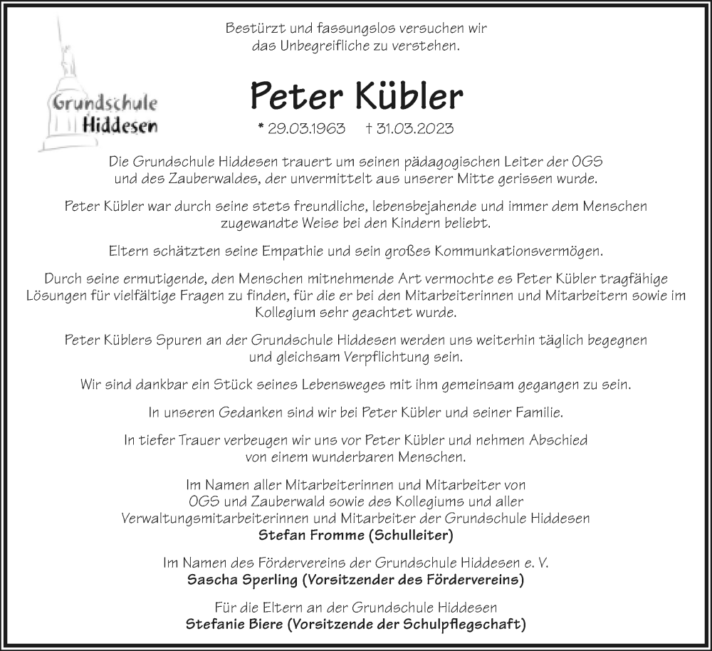  Traueranzeige für Peter Kübler vom 07.04.2023 aus Lippische Landes-Zeitung