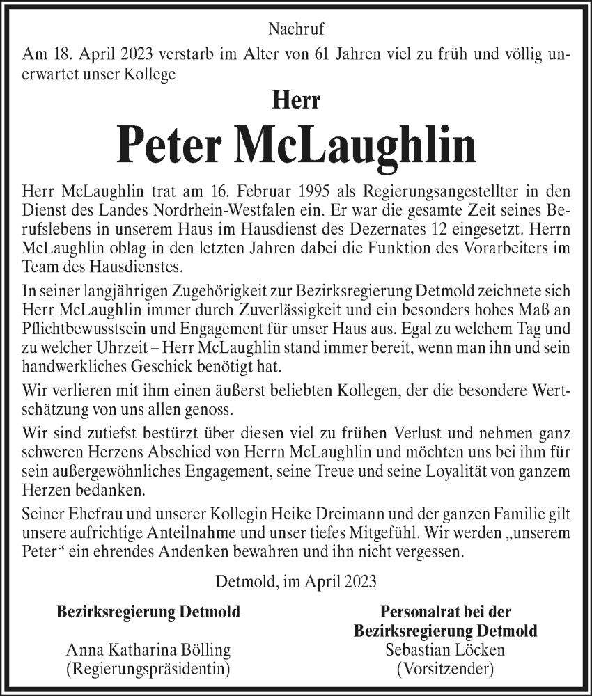  Traueranzeige für Peter McLaughlin vom 29.04.2023 aus Lippische Landes-Zeitung